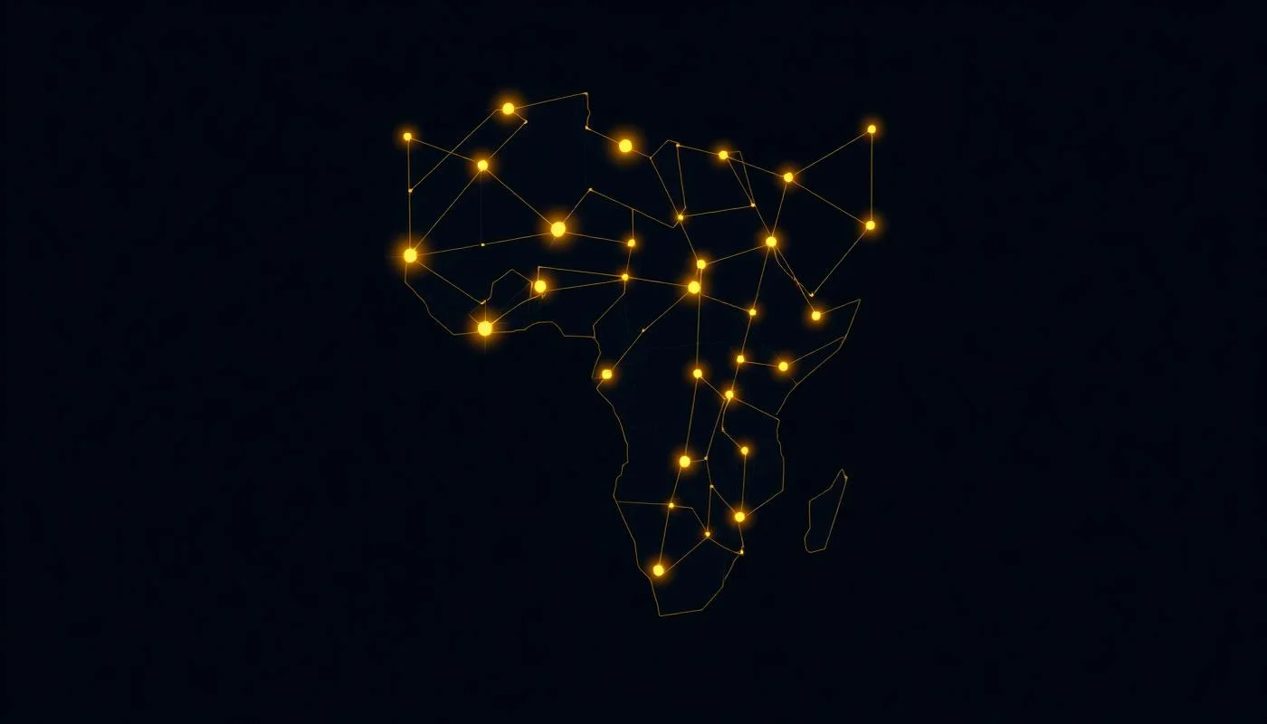 Illustration of the Nexio product network connecting cities across Africa