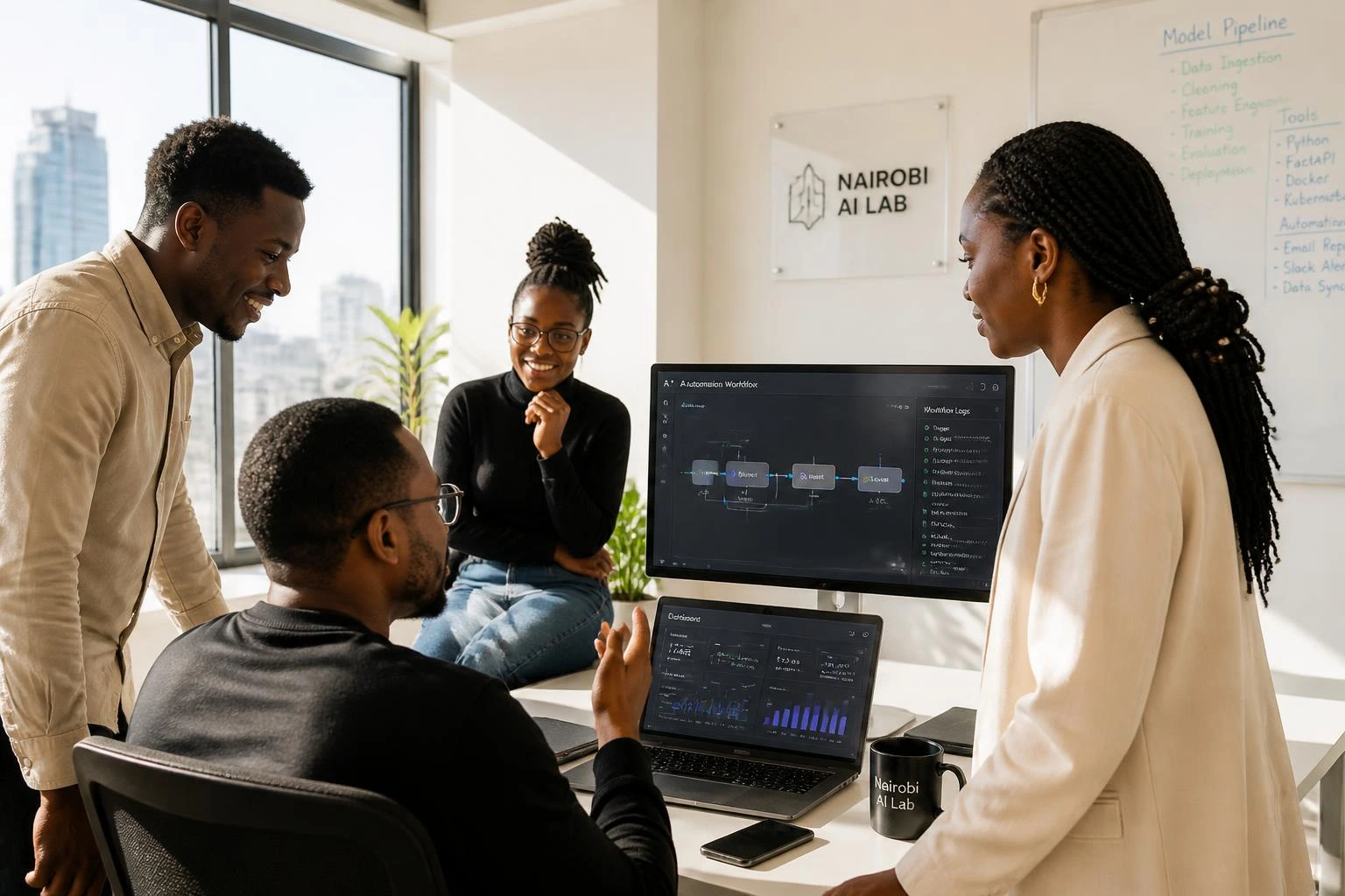 African AI engineers reviewing automation dashboards in a Nairobi tech lab