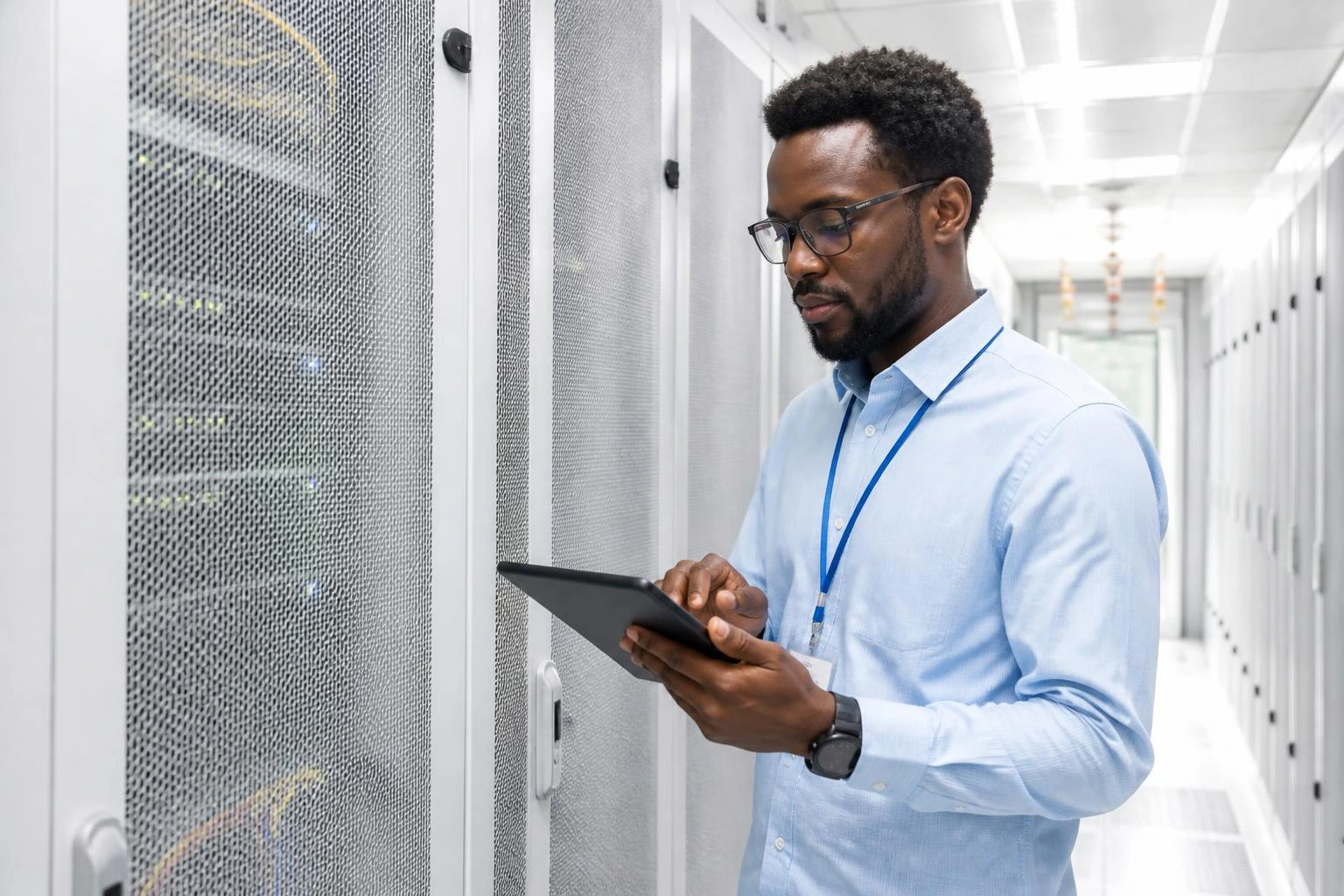 African data centre engineer maintaining secure cloud hosting servers
