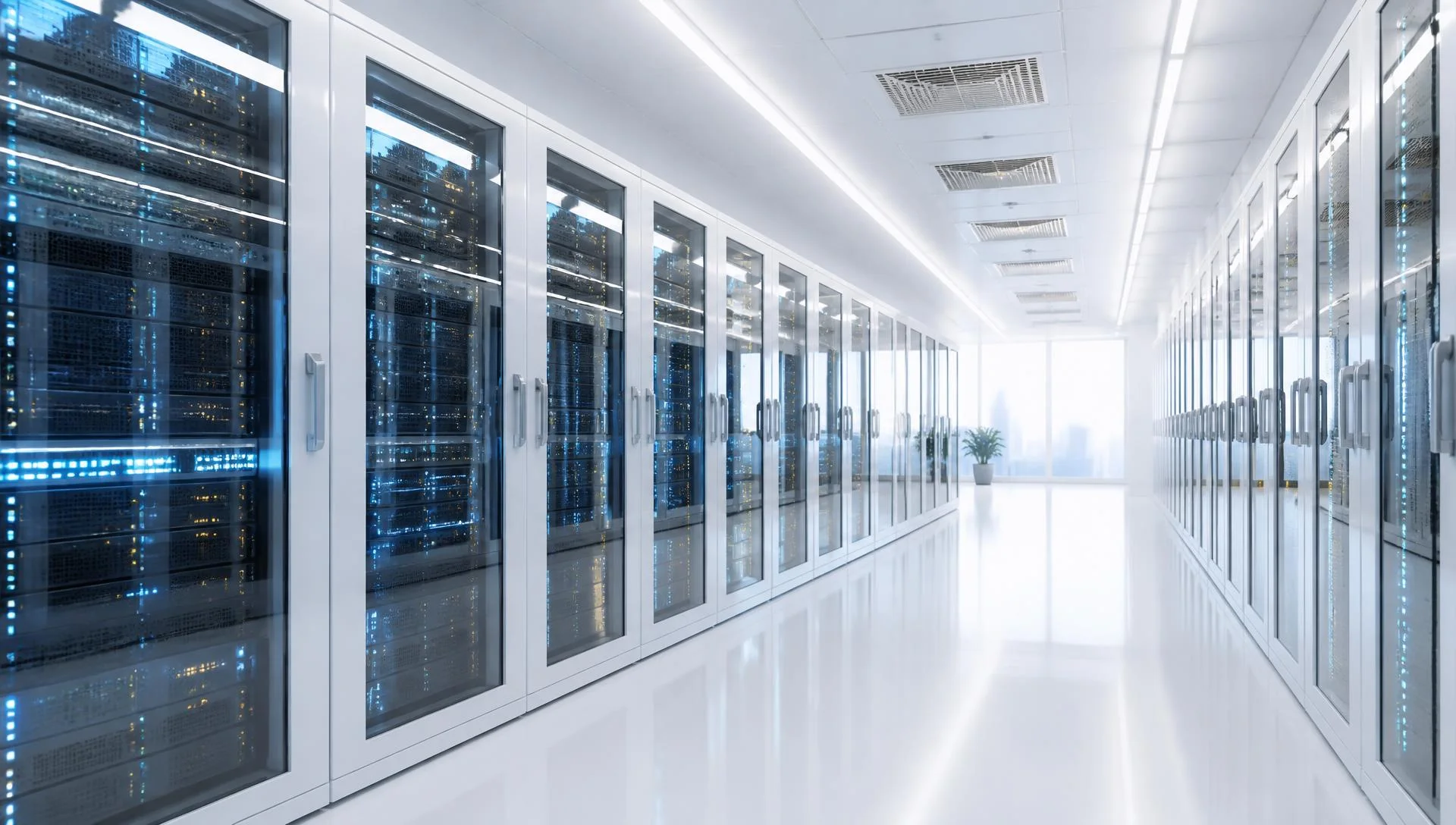 Secure cloud data centre with server racks and cybersecurity shield