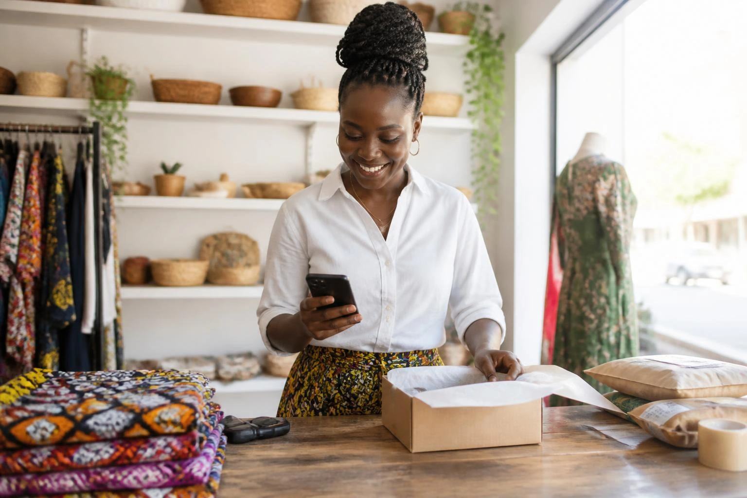 Kenyan shop owner packing online orders after an M-Pesa payment