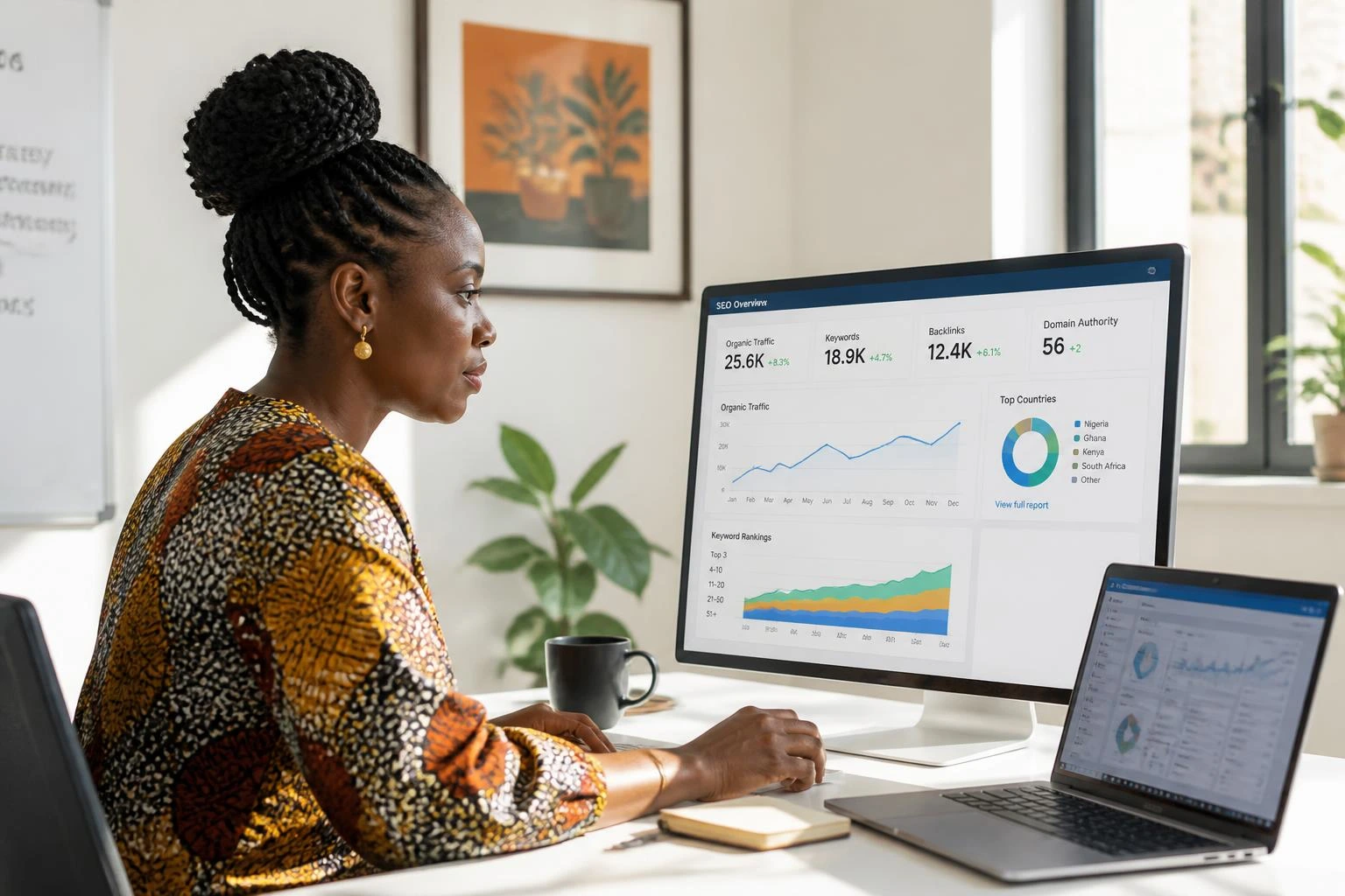 African digital marketer reviewing SEO analytics and rising search rankings