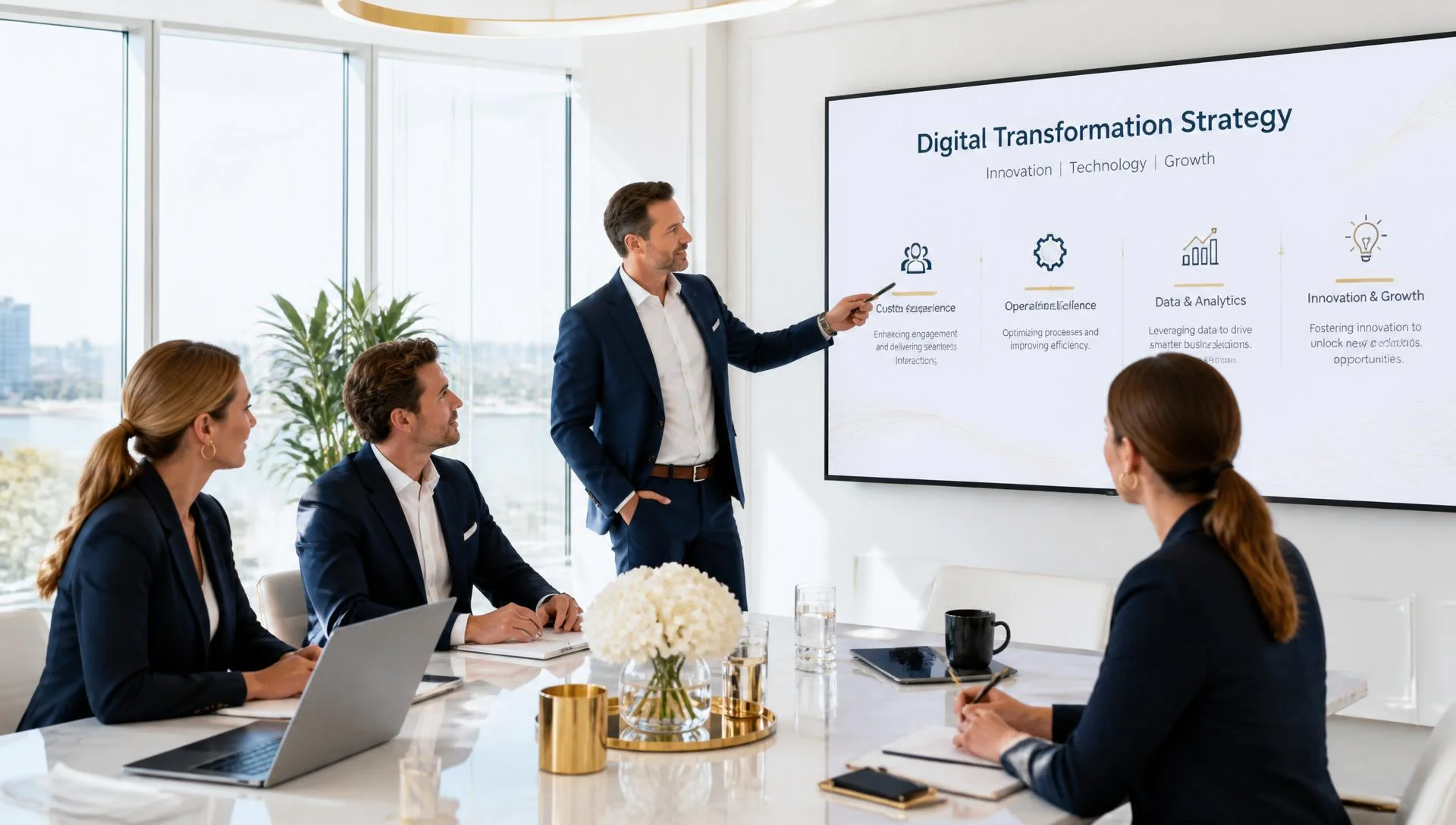 Business executives collaborating around holographic enterprise software