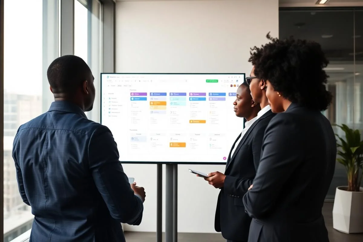 African business team reviewing an automated workflow board on a large screen