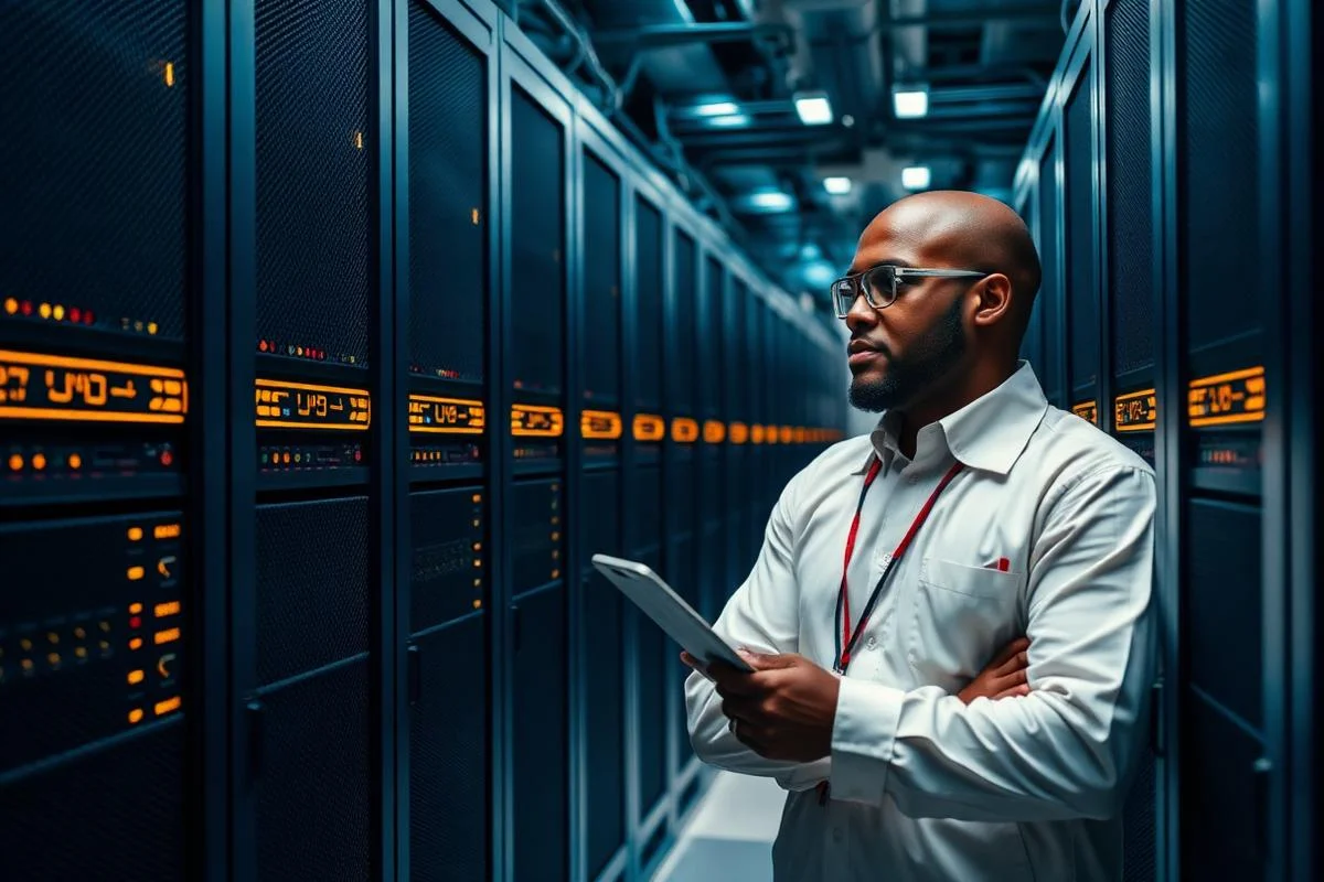 African cloud engineer inspecting servers in a modern data centre