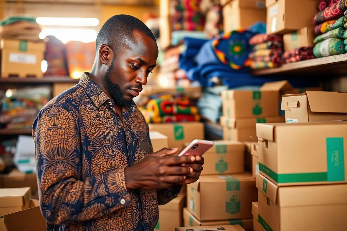 African online seller packing orders while confirming a mobile money payment