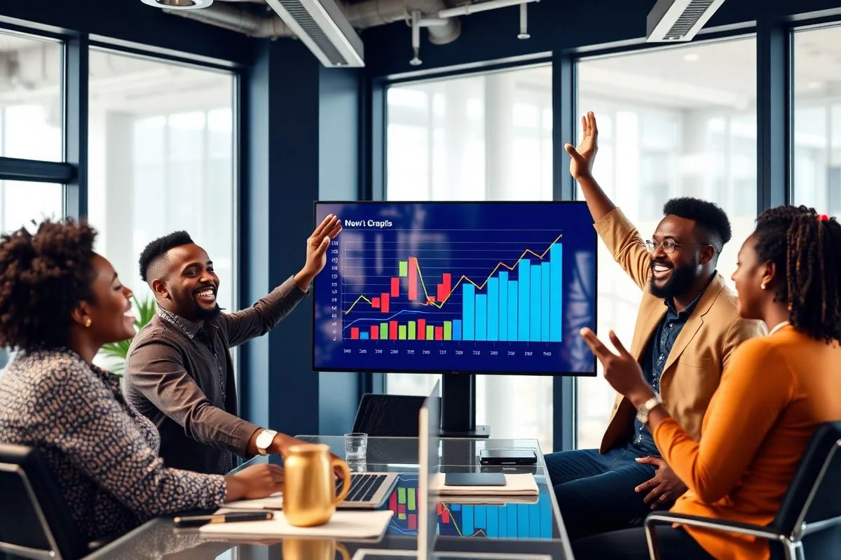 African marketing team celebrating growth results on an office screen
