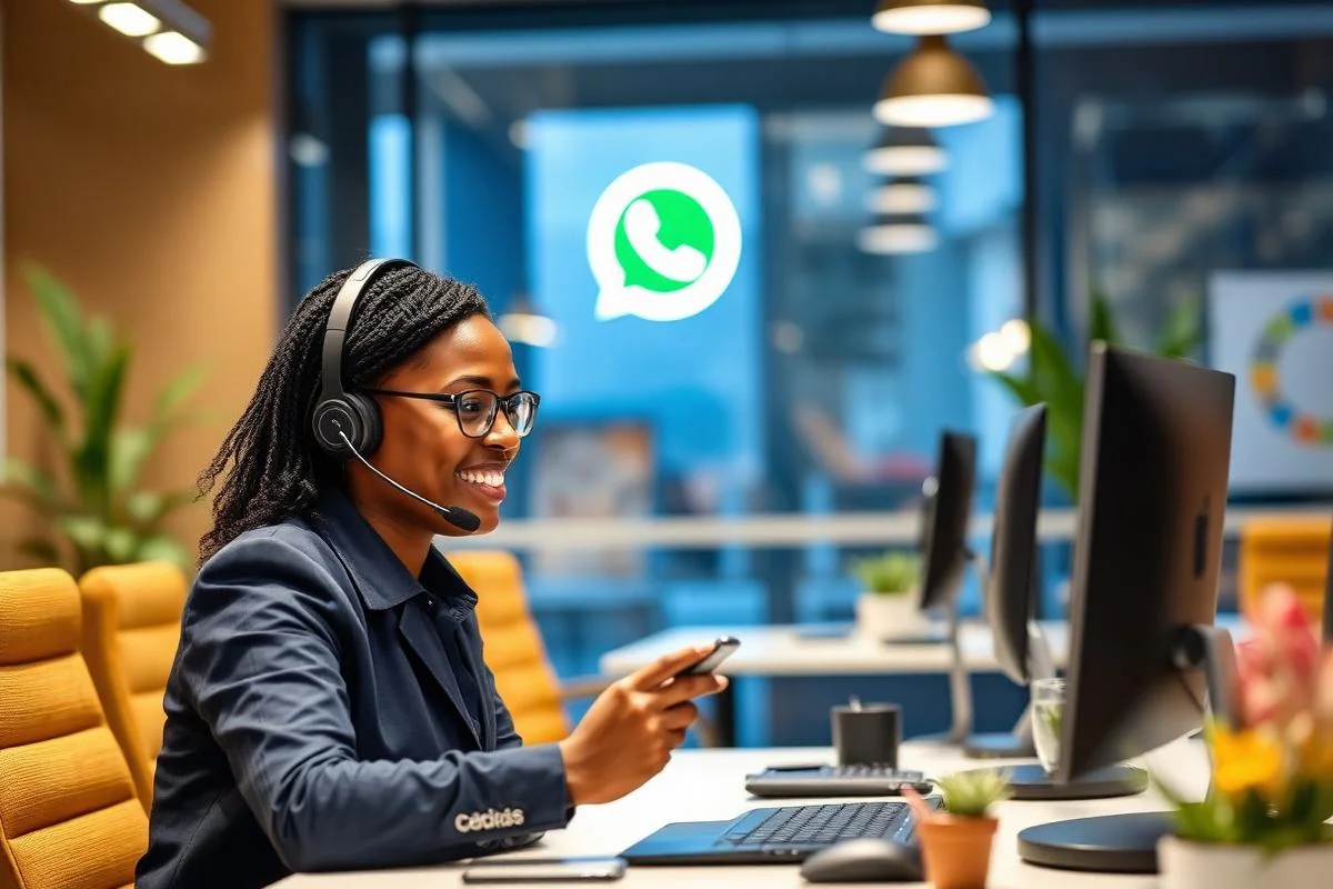African customer support specialist helping a client over WhatsApp and phone