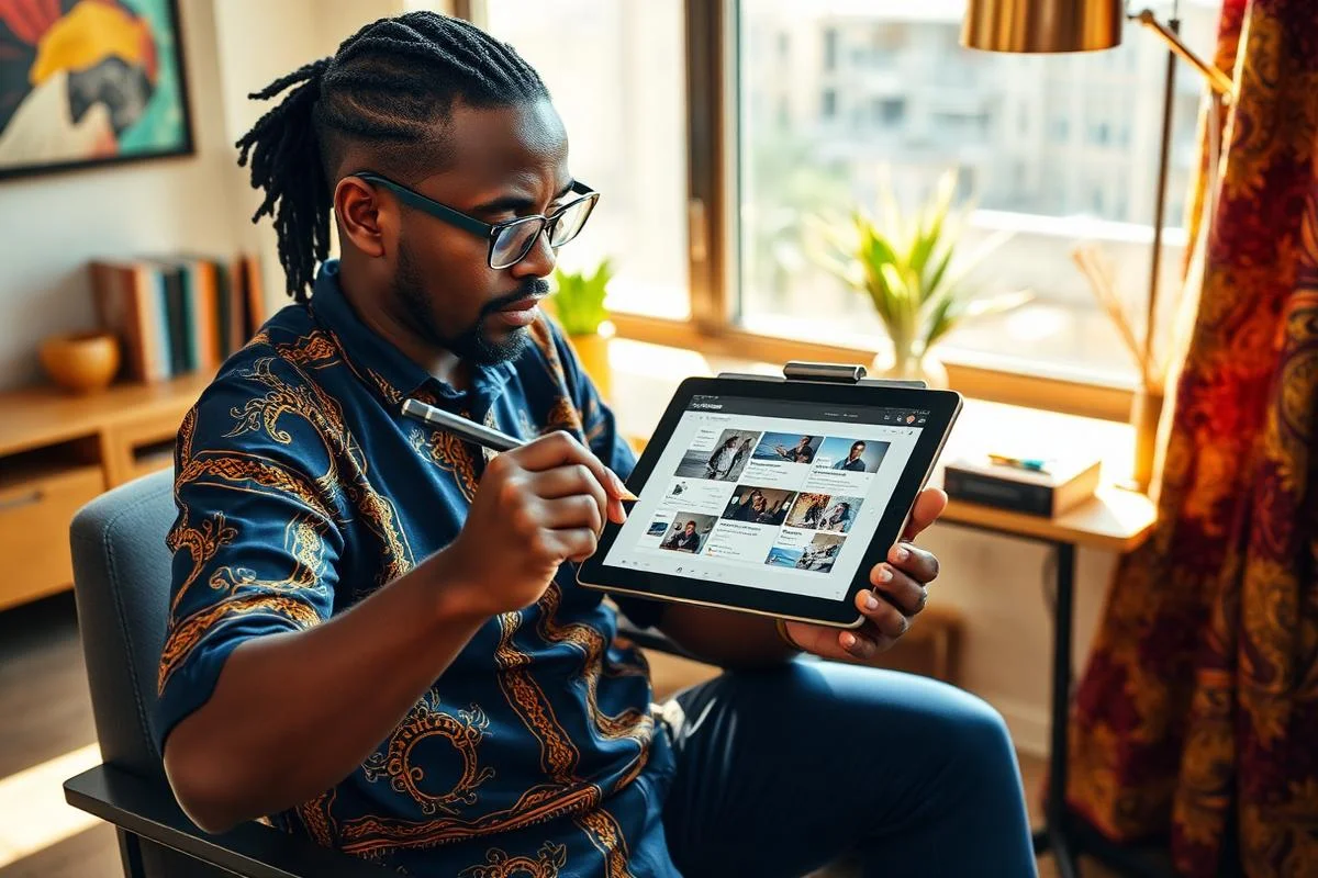 African web designer sketching a website layout on a tablet in a sunlit studio